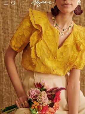Sezane JORDANNA BLOUSE ochre cotton 46 XXXL mustard short sleeve blouse plus